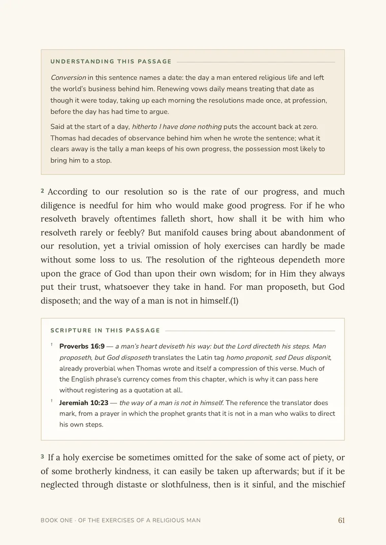 A page of the Imitation showing the original text with a Scripture panel and an explanatory panel