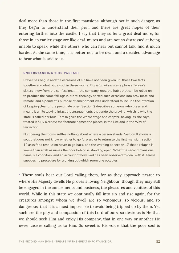 A page of the Interior Castle: Teresa’s text, the chapter digest from the 1921 edition, and an explanatory panel