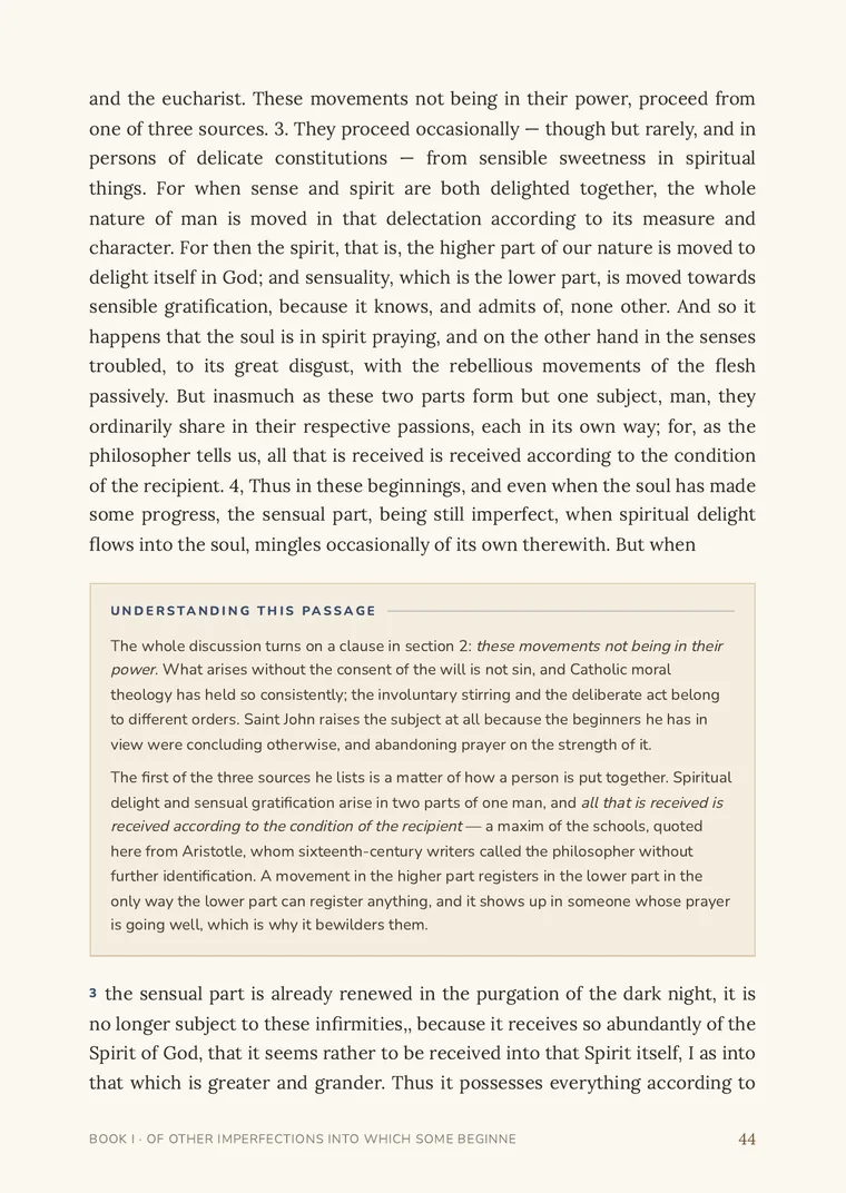 A page of the Dark Night: John of the Cross in David Lewis’s English, with a panel of caution about reading the dark night into psychological distress