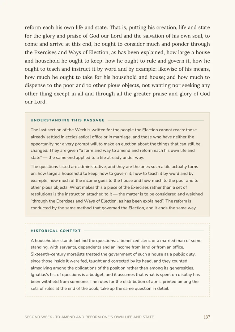 A page of the Spiritual Exercises: Ignatius’ instructions set out with an explanatory panel and a step sequence